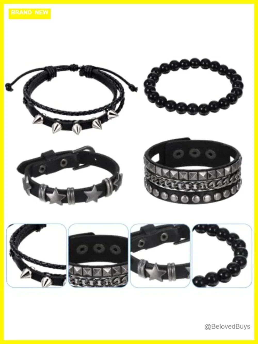 4pc Studded PU Leather Punk Cuff Bracelet Set Unisex Adjustable